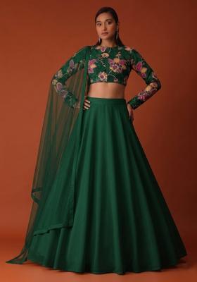 Bottle Green Printed Organza Lehenga Set