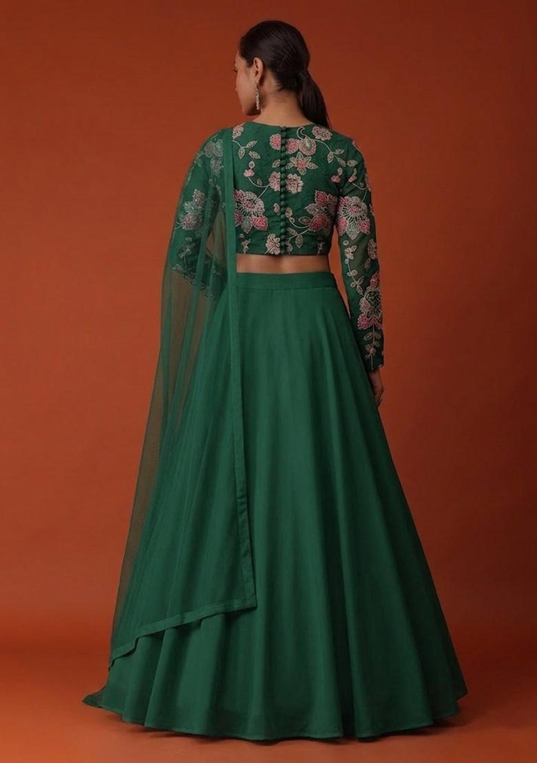Bottle Green Printed Organza Lehenga Set - Indya