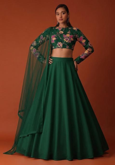 Bottle Green Printed Organza Lehenga Set