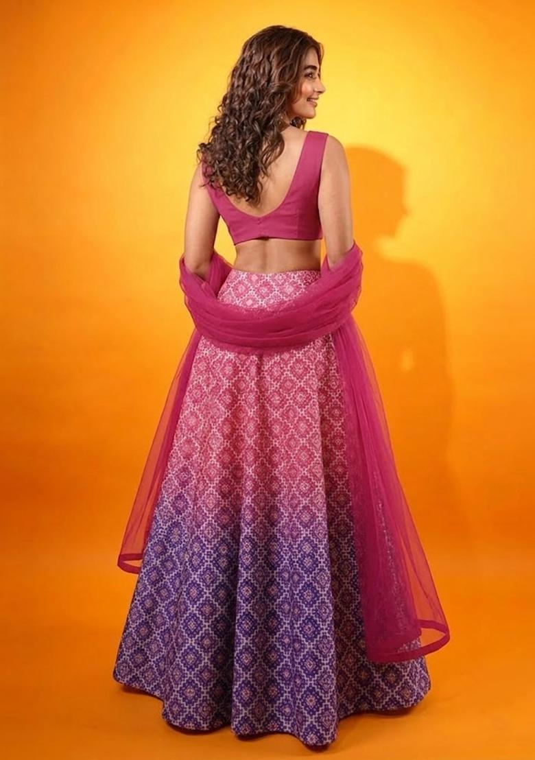 Magenta Pink Printed Silk Lehenga Set - Indya