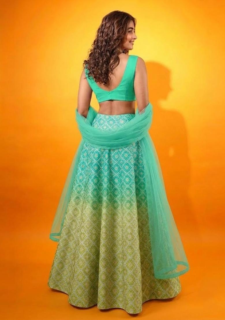 Aqua Green Printed Silk Lehenga Set - Indya