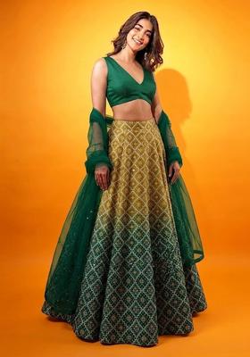 Bottle Green Printed Silk Lehenga Set