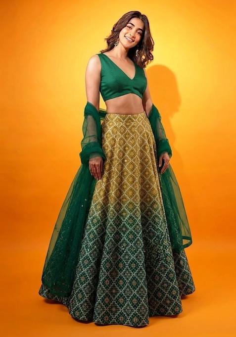 Bottle Green Printed Silk Lehenga Set