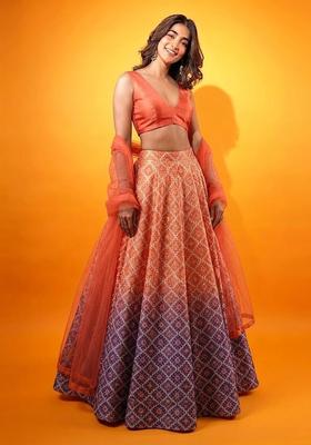 Coral Orange Printed Silk Lehenga Set