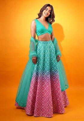 Turquoise Blue Printed Silk Lehenga Set