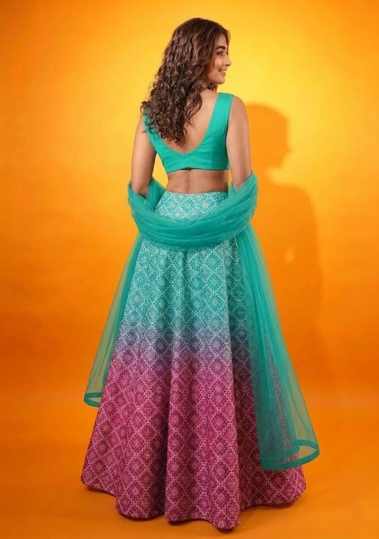 Turquoise Blue Printed Silk Lehenga Set - Indya