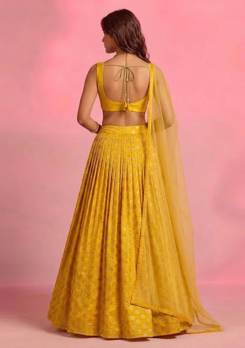 Sunflower Yellow Zari Satin Lehenga Set - Indya