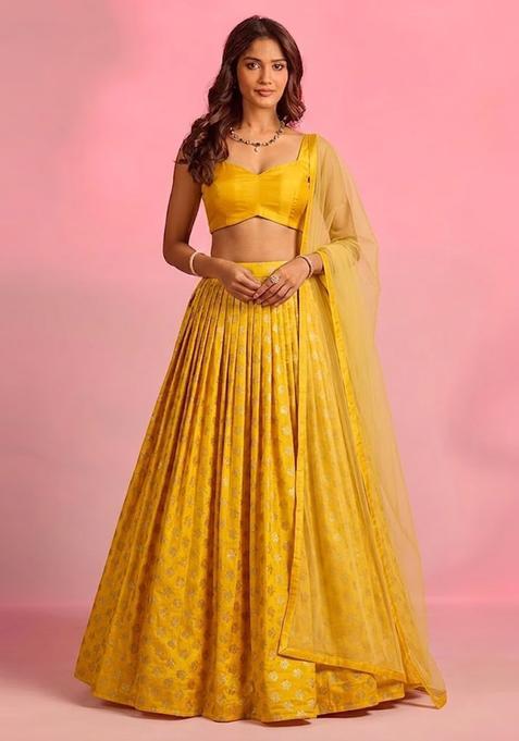 Sunflower Yellow Zari Satin Lehenga Set