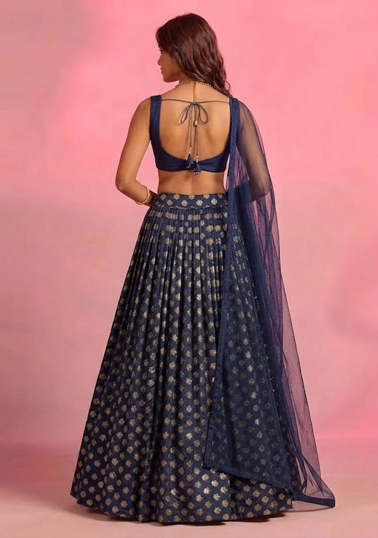 Navy Blue Zari Satin Lehenga Set - Indya