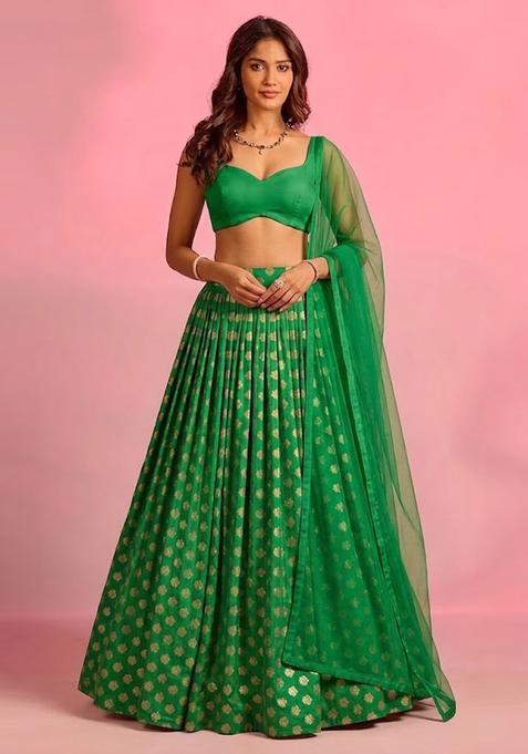 Green Zari Satin Lehenga Set