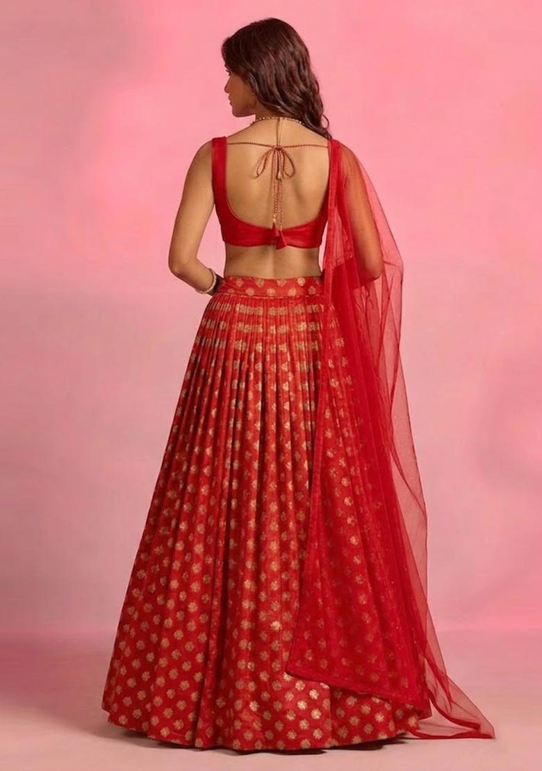 Red Zari Satin Lehenga Set - Indya