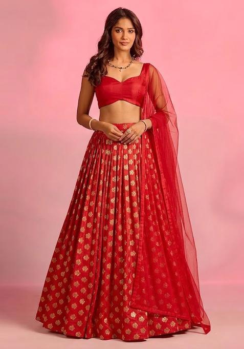 Red Zari Satin Lehenga Set