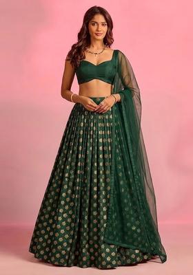Forest Green Zari Satin Lehenga Set