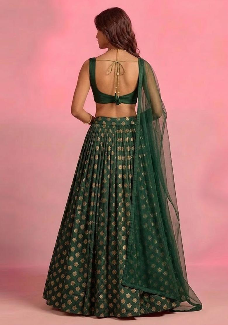 Forest Green Zari Satin Lehenga Set - Indya
