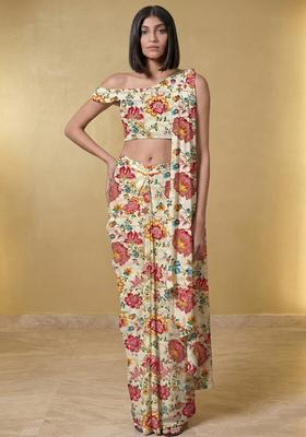 Ivory White Embroidered Crepe Pre Draped Saree Set