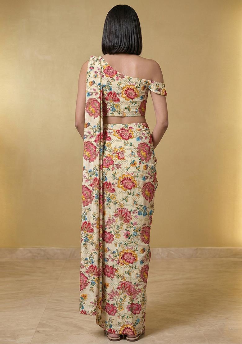 Ivory White Embroidered Crepe Pre Draped Saree Set - Indya