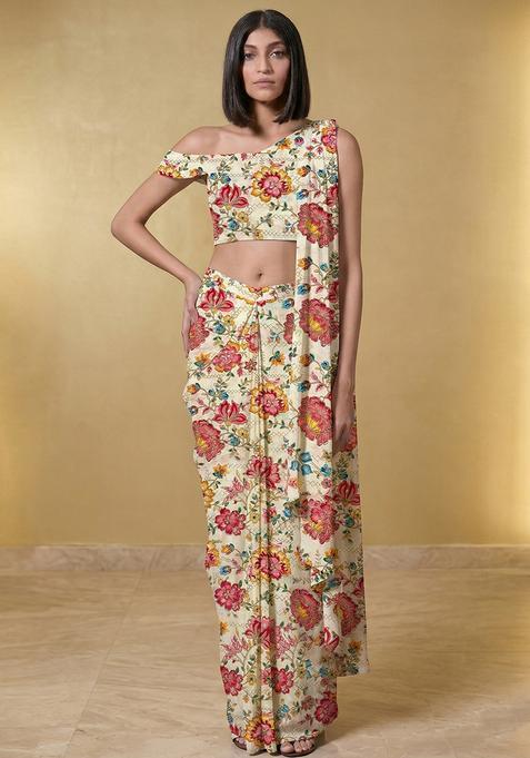 Ivory White Embroidered Crepe Pre Draped Saree Set