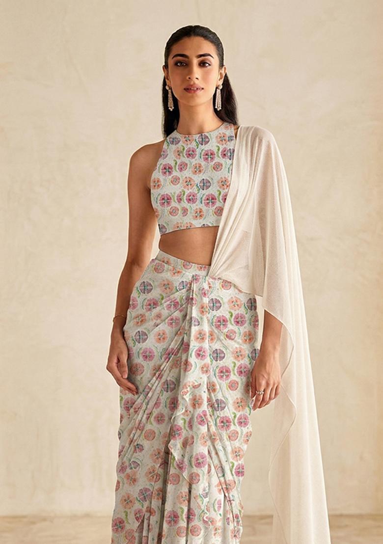 Ivory White Jacquard Georgette Fusion Set - Indya