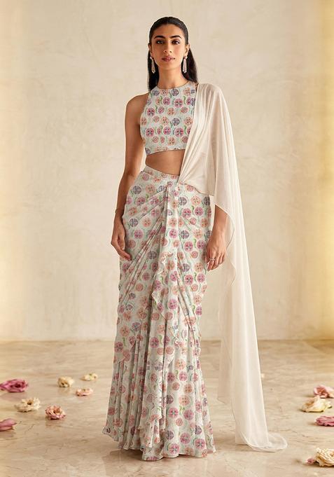 Ivory White Jacquard Georgette Fusion Set