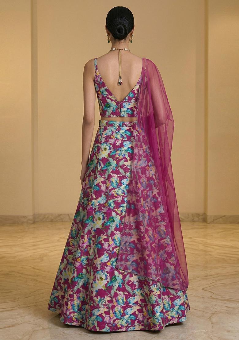 Magenta Pink Printed Crepe Lehenga Set - Indya
