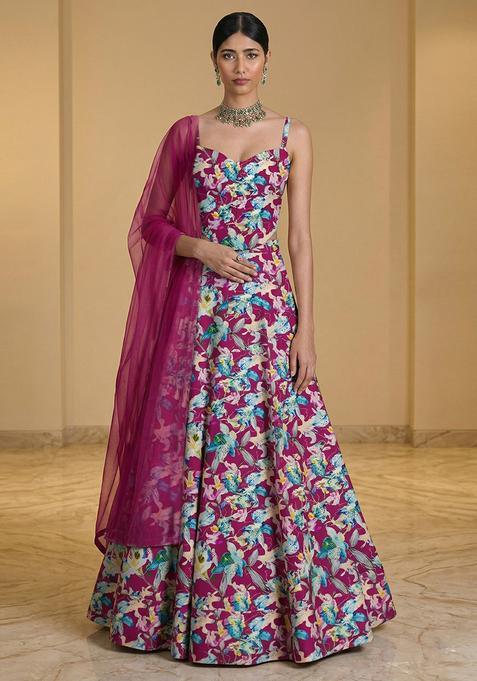 Magenta Pink Printed Crepe Lehenga Set