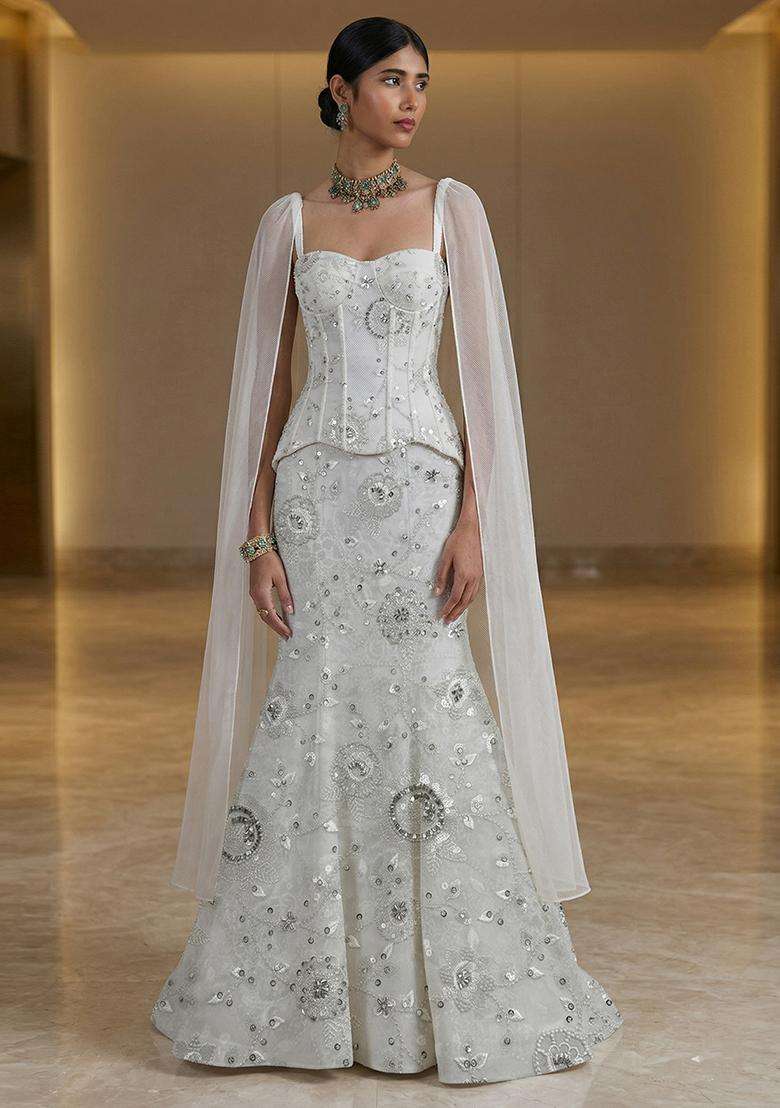 Ivory White Embroidered Georgette Lehenga Set - Indya