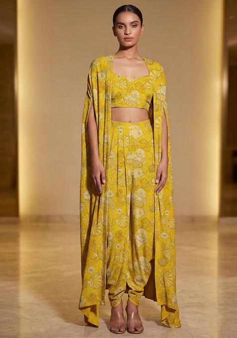 Sunflower Yellow Embroidered Crepe Fusion Set