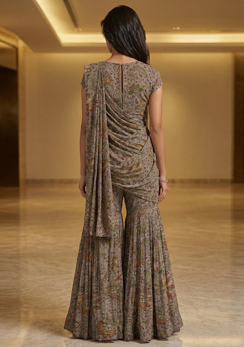Mauve Grey Embroidered Crepe Fusion Set - Indya