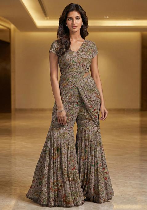 Mauve Grey Embroidered Crepe Fusion Set