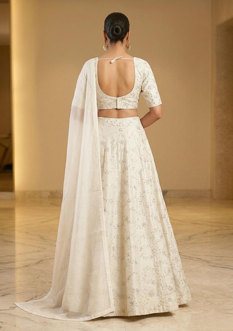 Off White Embroidered Chanderi Lehenga Set - Indya
