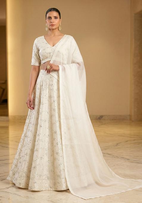 Off White Embroidered Chanderi Lehenga Set