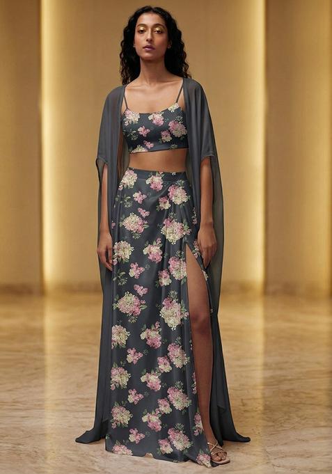 Charcoal Grey Printed Satin Fusion Set