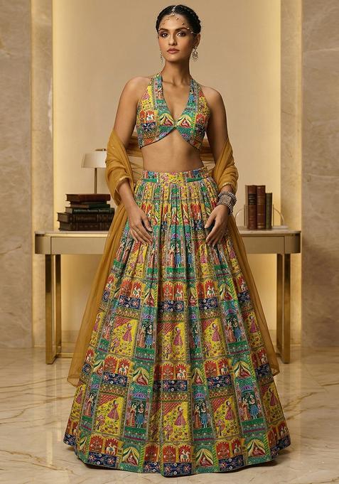 Mustard Printed Crepe Lehenga Set