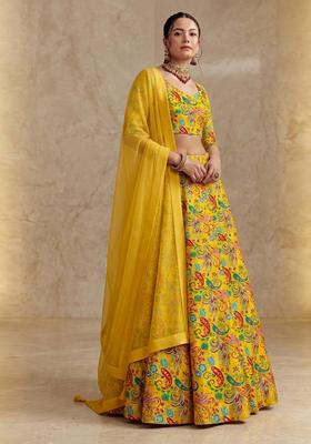 Mustard Yellow Embroidered Tissue Lehenga Set