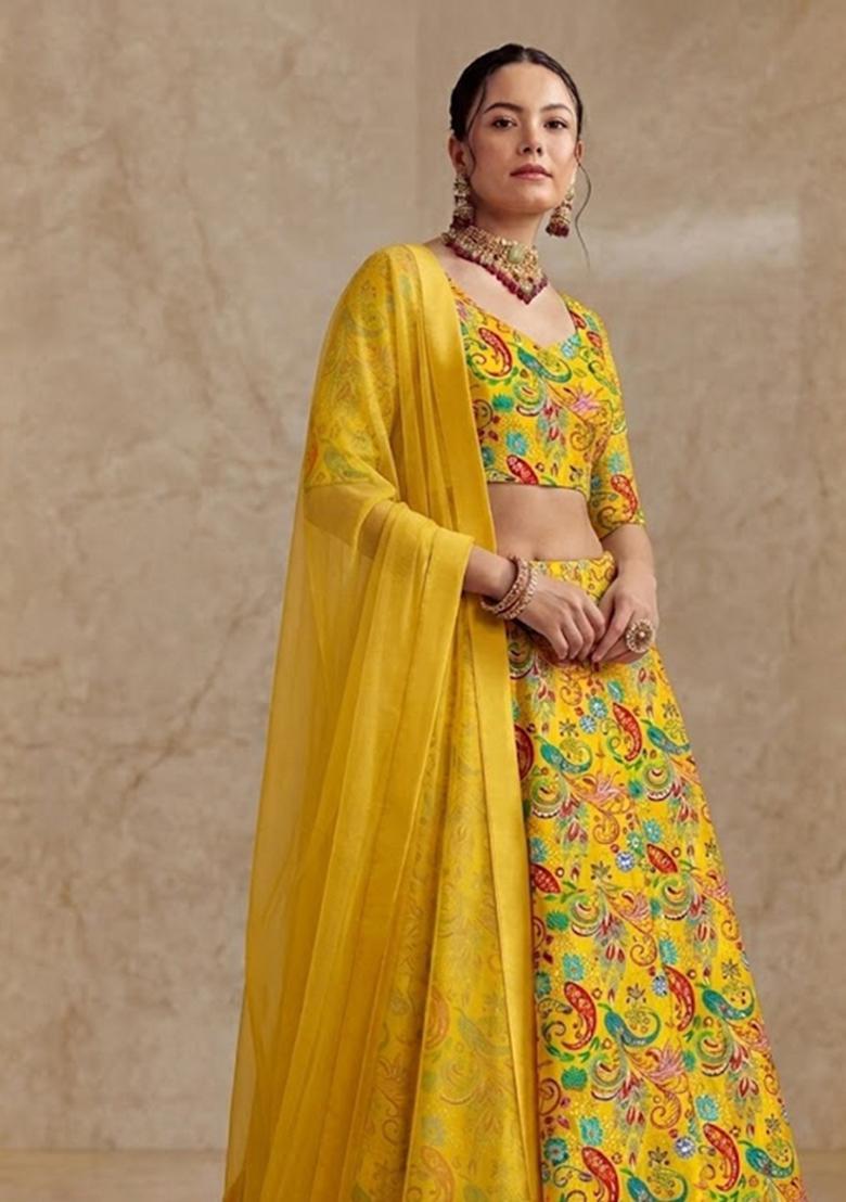 Mustard Yellow Embroidered Tissue Lehenga Set - Indya