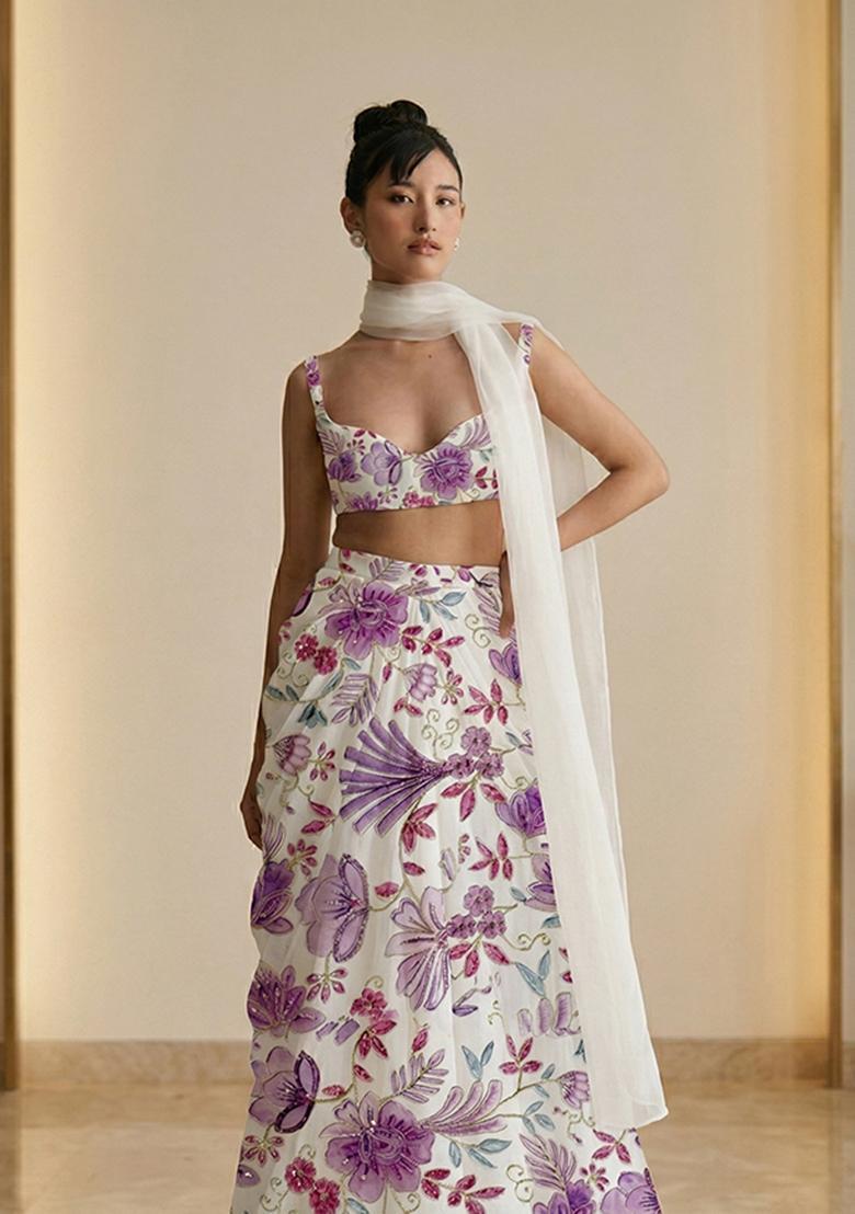 Off White Printed Crepe Lehenga Set - Indya