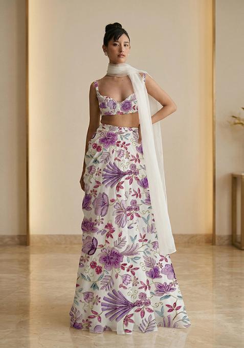 Off White Printed Crepe Lehenga Set