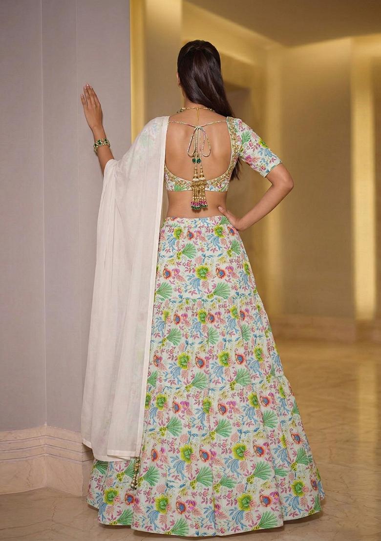Off White Printed Crepe Lehenga Set - Indya