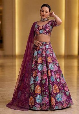 Plum Printed Crepe Lehenga Set