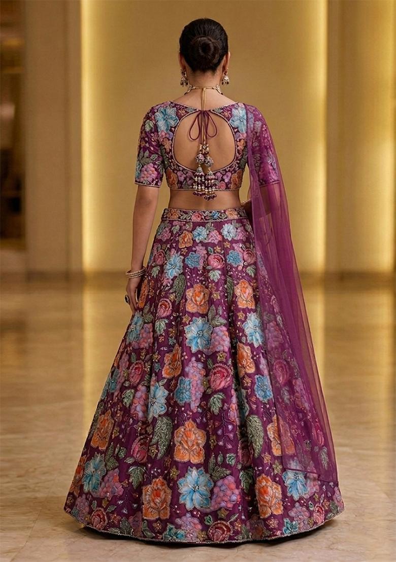 Plum Printed Crepe Lehenga Set - Indya