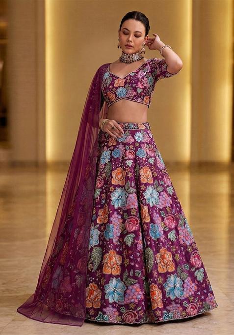 Plum Printed Crepe Lehenga Set