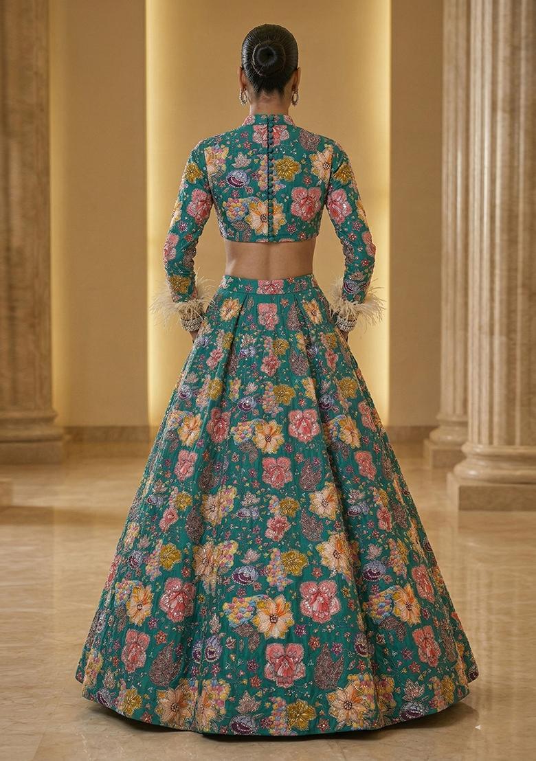 Teal Printed Crepe Lehenga Set - Indya