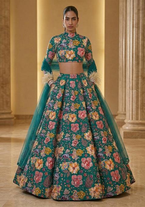 Teal Printed Crepe Lehenga Set