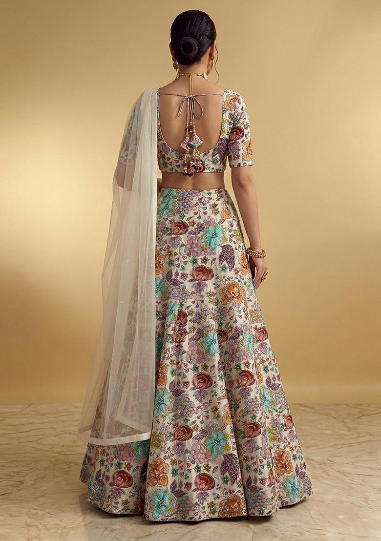 Off White Printed Crepe Lehenga Set - Indya