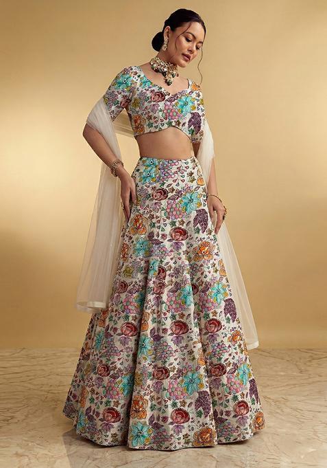 Off White Printed Crepe Lehenga Set