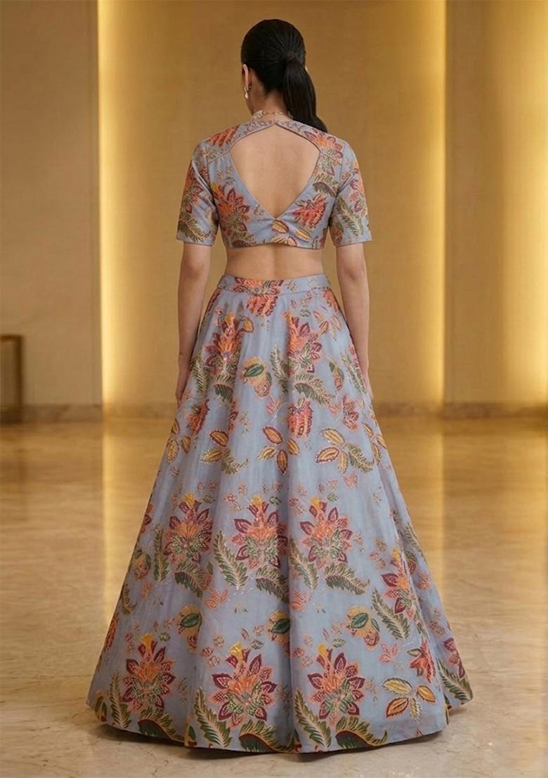 Powder Blue Printed Organza Lehenga Set - Indya