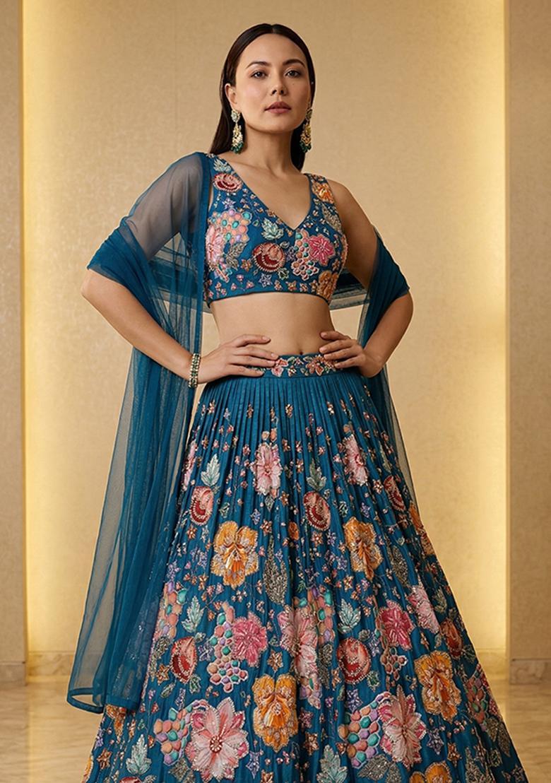 Teal Blue Printed Organza Lehenga Set - Indya
