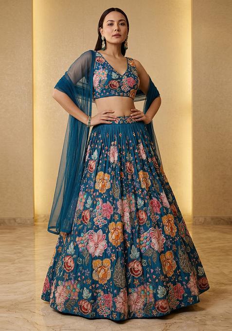 Teal Blue Printed Organza Lehenga Set