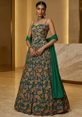Bottle Green Printed Organza Lehenga Set