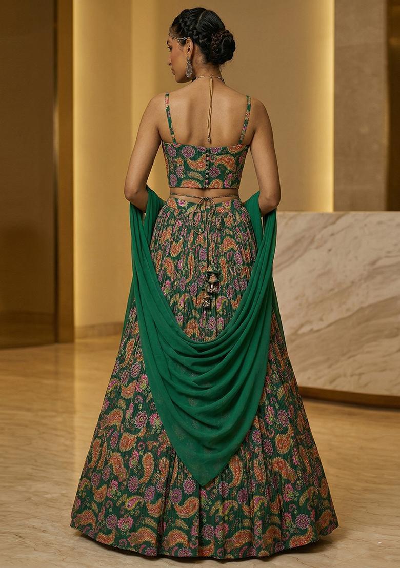 Bottle Green Printed Organza Lehenga Set - Indya